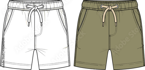 Casual Drawstring Shorts Technical Sketch, Men's Flat Vector Illustration, Sweat Shorts Template