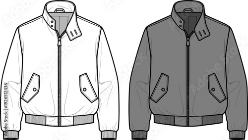 Classic Bomber Jacket Fashion Flat Sketch, Technical Harrington Outerwear Vector Template