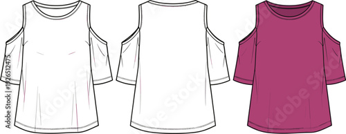 Cold Shoulder Short Sleeve Top Fashion Flat Sketch Template, Women's Blouse Technical Illustration