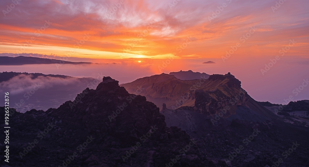 Obraz premium Glorious sunrise revealing volcanic shapes surrounded by colorful sky and mist