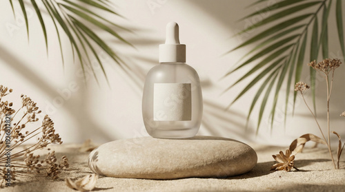 mockup, cosmetic bottle, skincare, podium, palm leaf shadow, minimalist, organic beauty, luxury packaging, wellness, natural light
