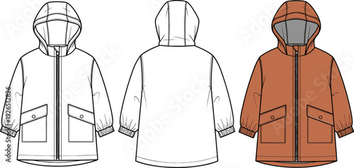 Kids Hooded Raincoat Technical Fashion Flat Sketch Vector, Children's Jacket Front and Back View