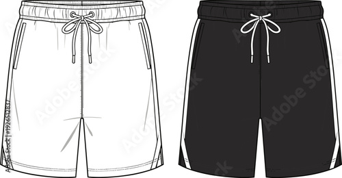 Men Gym Shorts Vector Technical Fashion Illustration Sketch, Flat Activewear Design Template