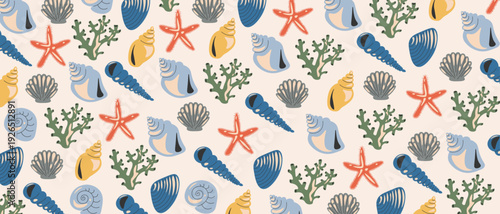 Seashells background, summer banner, nautical postcard, cover