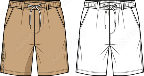 Men's Chino Shorts Fashion Flat Sketch Template, Drawstring Cargo Shorts Technical Illustration