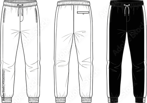Men's Joggers Sweatpants Technical Sketch Flat Vector Illustration Set with Front and Back View