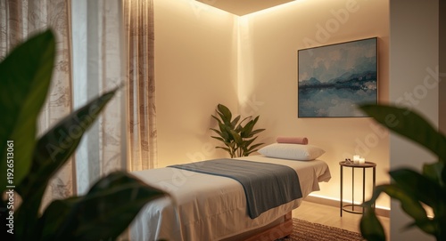 Serene wellness space with a cushioned treatment bed and gentle lighting for stress easing