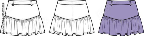 Ruffled Mini Skirt Fashion Technical Sketch Template, Flat Vector Illustration Front and Back