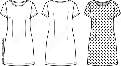 Short Sleeve Shift Dress Fashion Technical Sketch Template with Polka Dot Pattern Illustration