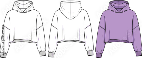 Women's Cropped Hoodie Technical Sketch Flat Vector Illustration Set with Front and Back Views