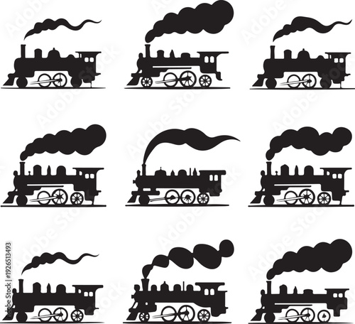 set of old steam train silhouettes in various positions and smoke