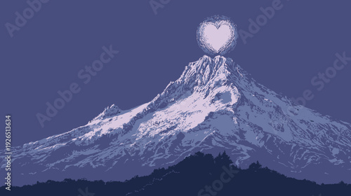 A digital illustration of a mountain peak with a heart-shaped sphere above it