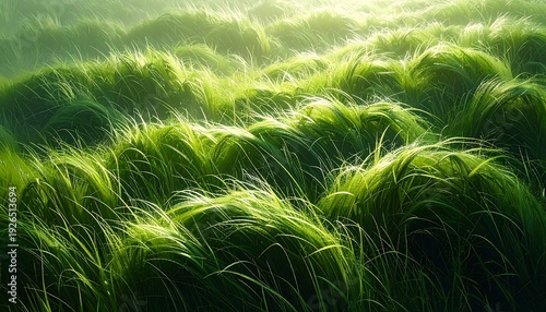 Close-up of lush, green blades waving gently in a soft light. Serene field captured with natural detail