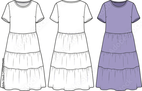 Women's Tiered Midi Dress Technical Sketch, Short Sleeve Flat Vector Illustration Template
