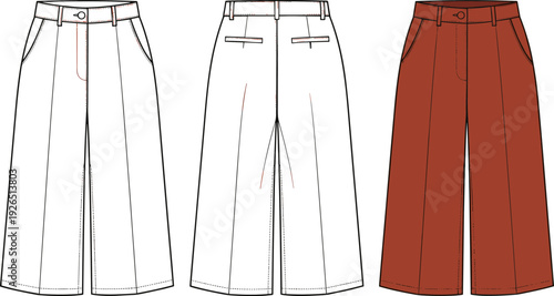 Women's Wide Leg Trousers Technical Fashion Flat Sketch Vector, Culottes Pants Front and Back View