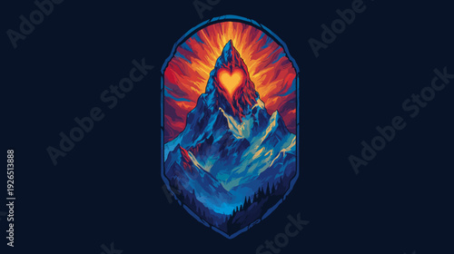 Pixelated artwork of mountains with heart-shaped highlight inside a frame, with dark blue background