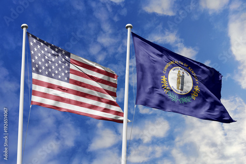 Φωτογραφία United States and Kentucky State Flags Waving in Unison Against a Blue Sky Repre