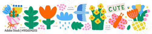 Nature. Naive summer and spring children's bold flower. Vector isolated cute illustrations of a leaf, tulip, bouquet, cloud with rain, bird and butterfly on a transparent background for sticker, print