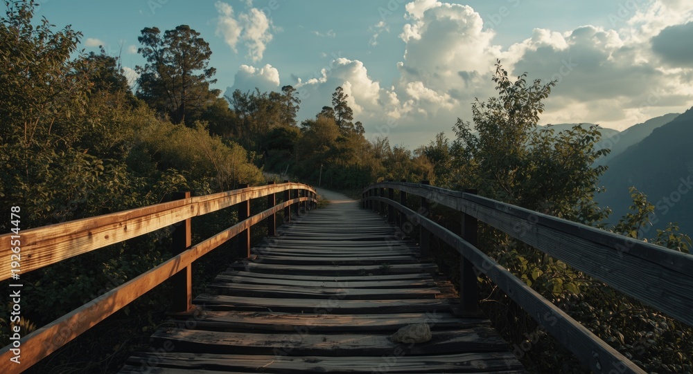 Obraz premium A vintage plank bridge spanning a quiet remote hiking path