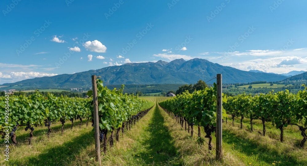 Fototapeta premium Summer landscape with vineyard rows and distant mountain range under clear sky
