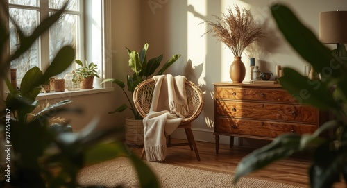 Inviting living space furnished with wooden commode and wicker armchair for rest