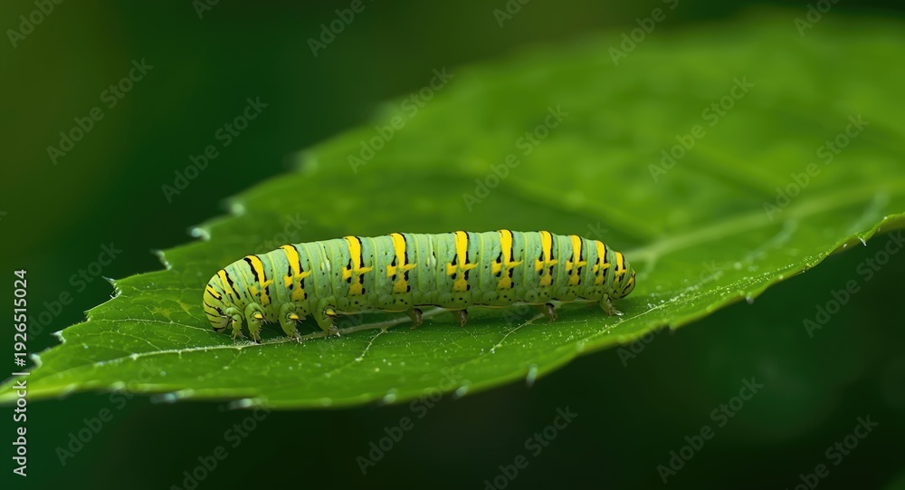 Fototapeta premium Yellow moth caterpillar featured on a vibrant green leaf background