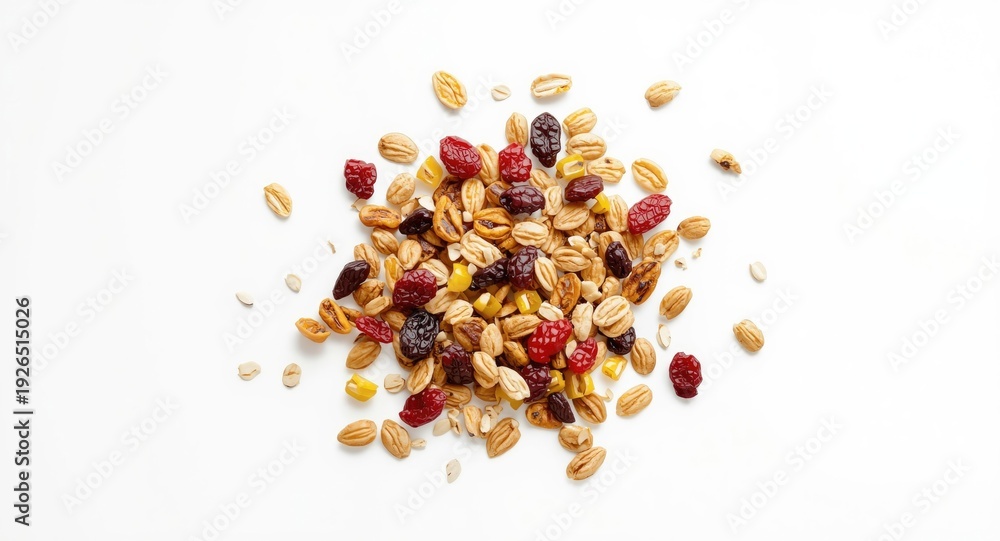 Obraz premium Top view picture of oat cereal with dried fruits and sunflower seeds on pure white background space for text