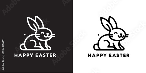 Minimalist Easter Bunny Line Art Illustration Happy Easter Typography Black and White Modern Vector Greeting Card Design For Social Media