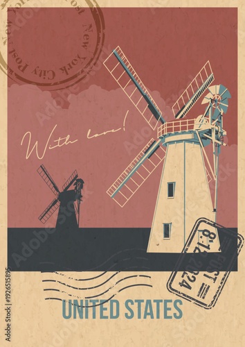United States Attraction Postcard, Traditional Dacota Windmill Illustration, Vector Template Retro Style Greeting Card. Postal Imprint, Aged Paper Texture
