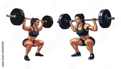 A muscular woman performing barbell squats in two different positions