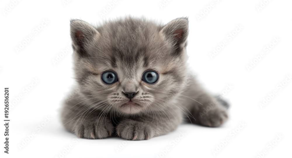 Obraz premium Sharp close up of an adorable little gray kitten posed on a bright white background