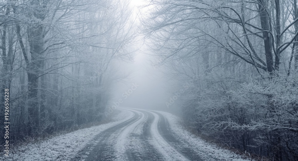 Obraz premium Misty winter forest path with frosty trees and clear trail