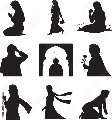 set of black silhouettes of women in various poses and activities on white background