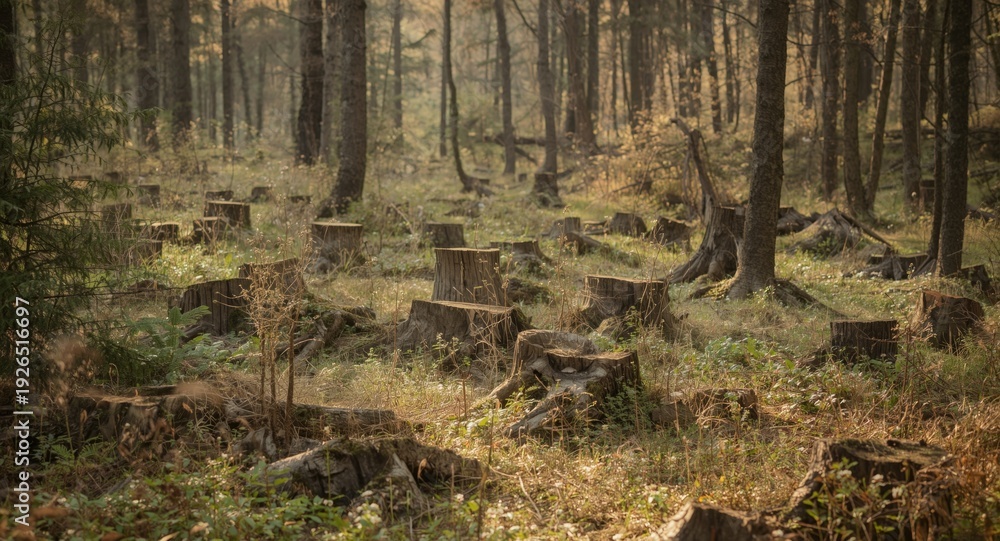 Fototapeta premium Forest clearing filled with tree stumps and low ground vegetation
