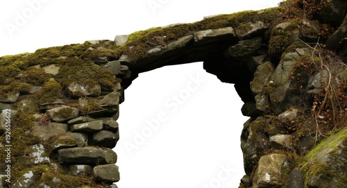 stone arch covered in woodland moss isolated on white