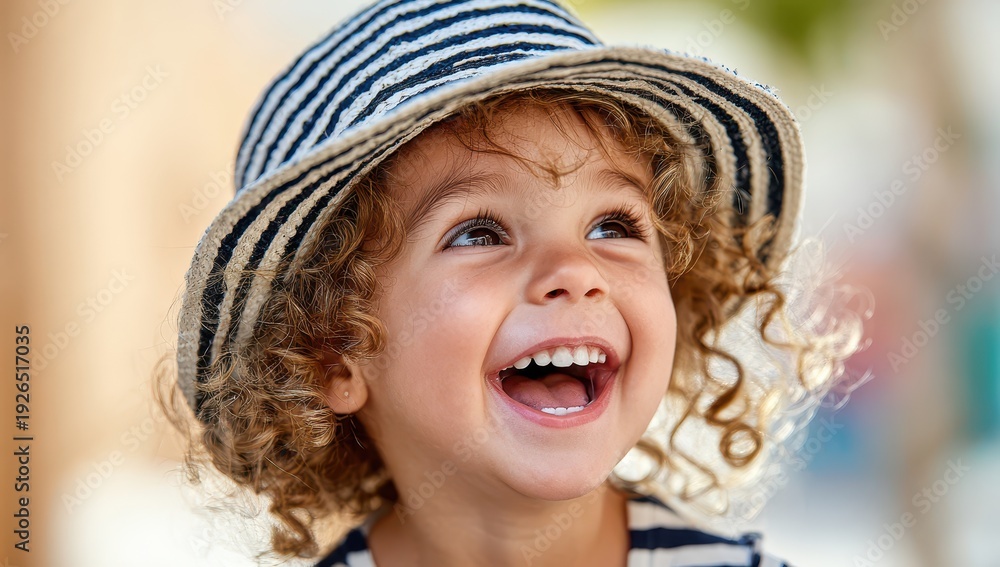 Fototapeta premium Happy Little Girl Wearing Striped Hat Laughing Outdoors In Sunlight Showing Joy And Excitement Childhood Innocence And Summer Fun Headshot Portrait