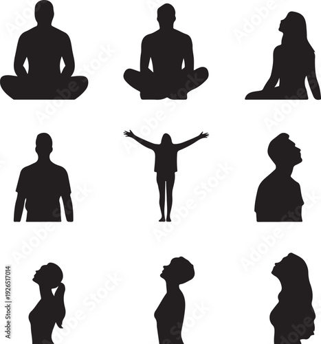 set of people silhouettes in various yoga poses and movements isolated on white background