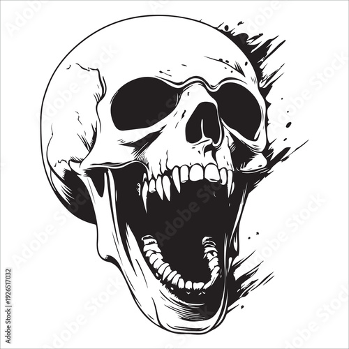 Terrifying screaming skull vector silhouette, Skull Tattoo Vector Art Illustration, Human skull vector illustration, Detailed vintage art silhouette of a human skull