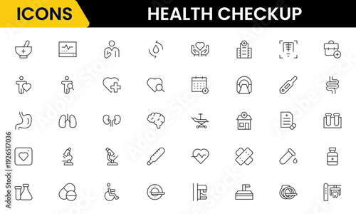 Health checkup icons depicting medical examination, stethoscope, heartbeat, diagnostics, hospital, doctor consultation, tests, reports, wellness, prevention, monitoring, clinic, healthcare, appointmen