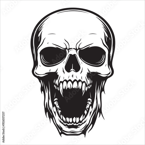 Terrifying screaming skull vector silhouette, Skull Tattoo Vector Art Illustration, Human skull vector illustration, Detailed vintage art silhouette of a human skull