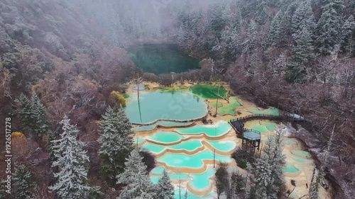 Aerial View of Logs Submerged in Turquoise Lake and Calcification pool