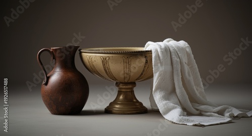 Religious rite of foot washing featuring basin jug and towel as Holy Week symbols