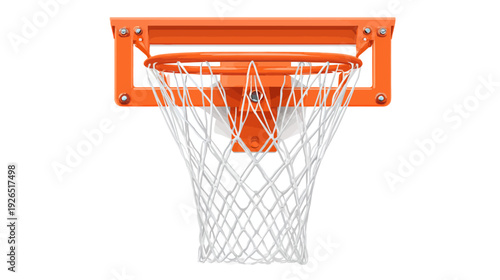 A frontal view of a basketball hoop on white background, composed of an orange rim, net, and backboard