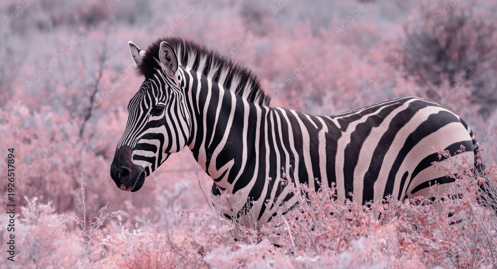 Fototapeta premium Wildlife infrared photo of a zebra against a gentle pink aquamarine and light gray nature background