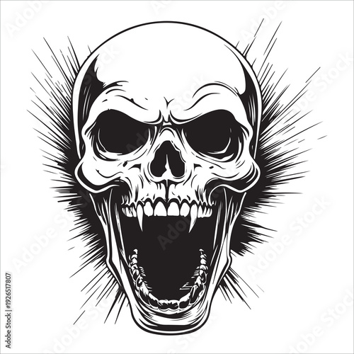 Terrifying screaming skull vector silhouette, Skull Tattoo Vector Art Illustration, Human skull vector illustration, Detailed vintage art silhouette of a human skull