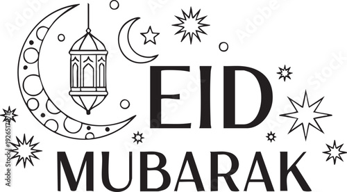 Elegant Eid Mubarak Calligraphy Vector with Crescent Moon and Islamic Lantern Line Art Illustration