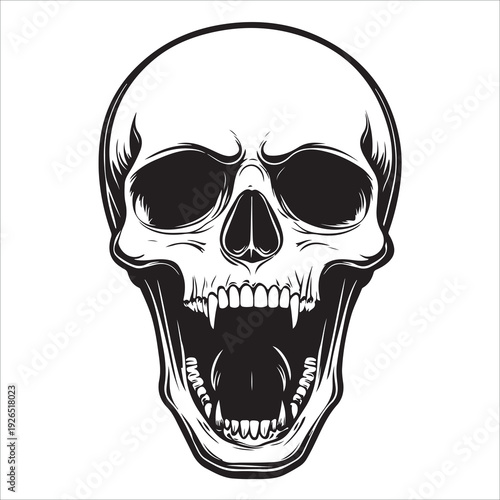 Terrifying screaming skull vector silhouette, Skull Tattoo Vector Art Illustration, Human skull vector illustration, Detailed vintage art silhouette of a human skull
