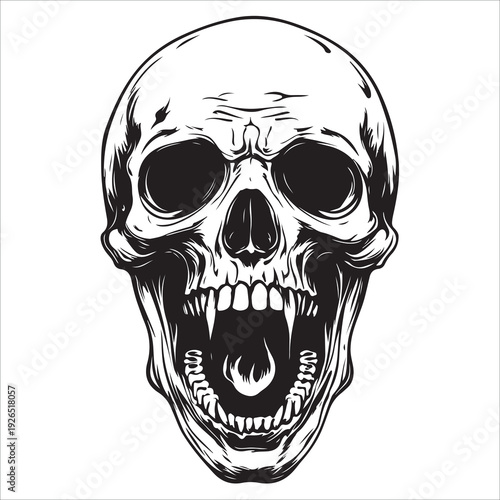 Terrifying screaming skull vector silhouette, Skull Tattoo Vector Art Illustration, Human skull vector illustration, Detailed vintage art silhouette of a human skull