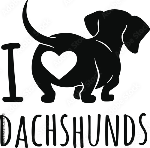 Minimalist Black Silhouette Vector of a Dachshund Puppy with Heart Shape on Rump for I Love Dachshunds Dog Lover Graphic Design Sticker Print