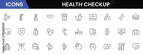 Health checkup icons depicting medical examination, stethoscope, heartbeat, diagnostics, hospital, doctor consultation, tests, reports, wellness, prevention, monitoring, clinic, healthcare, appointmen